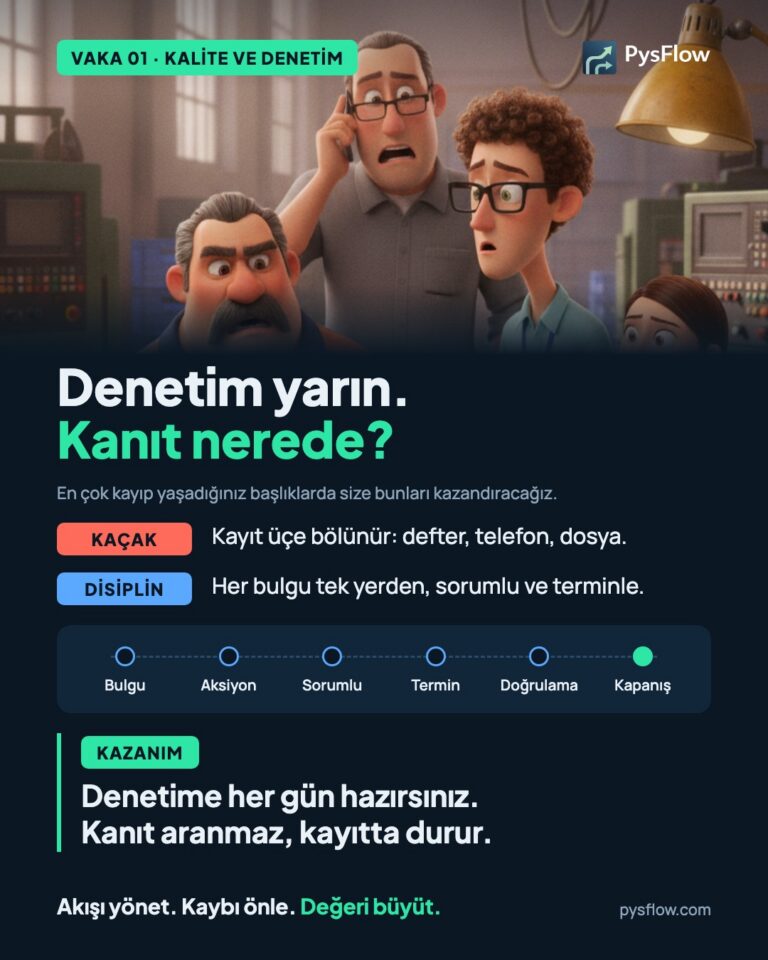 PysFlow kazanım kartı. Kalite ve denetim: "Denetim yarın. Kanıt nerede?" Kaçak: aynı kayıt deftere, telefona ve dosyaya bölünür. Disiplin: her bulgu tek yerden, sorumlu ve terminle girilir. Kazanım: denetime her gün hazırsınız, kanıt kayıtta durur.